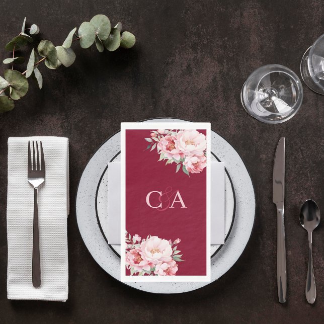 Burgundy pink roses florals monogram wedding napkin (Creator Uploaded)