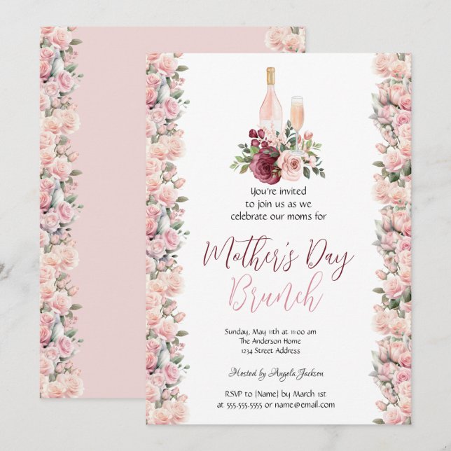 Burgundy Pink Roses Wine Mother's Day Brunch  Invitation (Front/Back)
