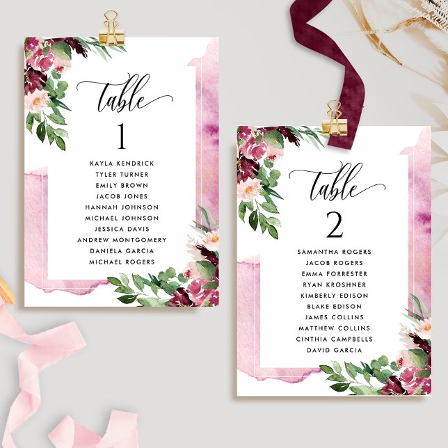 Burgundy Pink Seating Plan Cards with Guest Names (Creator Uploaded)