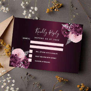 Burgundy pink silver floral wedding RSVP Card
