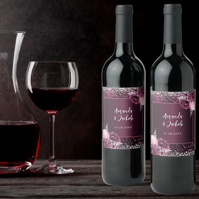 Burgundy pink silver florals wedding wine label (Creator Uploaded)