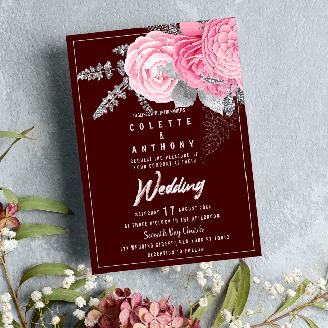 Burgundy pink silver glitter peony floral Wedding Invitation (Burgundy pink silver glitter peony floral Wedding )