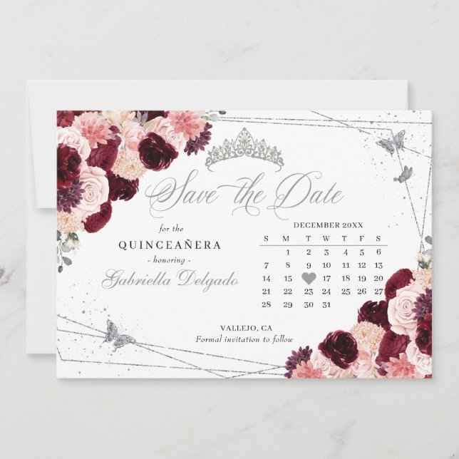 Burgundy Pink & Silver Quinceañera Save The Date Invitation (Front)