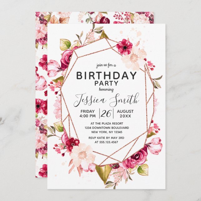 Burgundy Pink Terrarium Birthday Party Invitation (Front/Back)