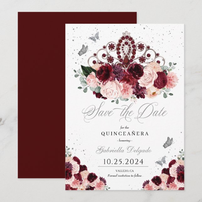 Burgundy Pink Tiara Save The Date Quinceañera Invitation (Front/Back)