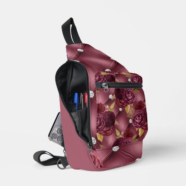 BURGUNDY PINK TUFTED LOOK PATTERN AND FLOWERS SLING BAG (Open)