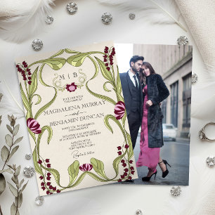 Burgundy Pink Vintage Art Nouveau Photo Wedding Invitation