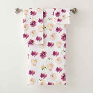 Burgundy Pink Watercolor Floral Bath Towel Set