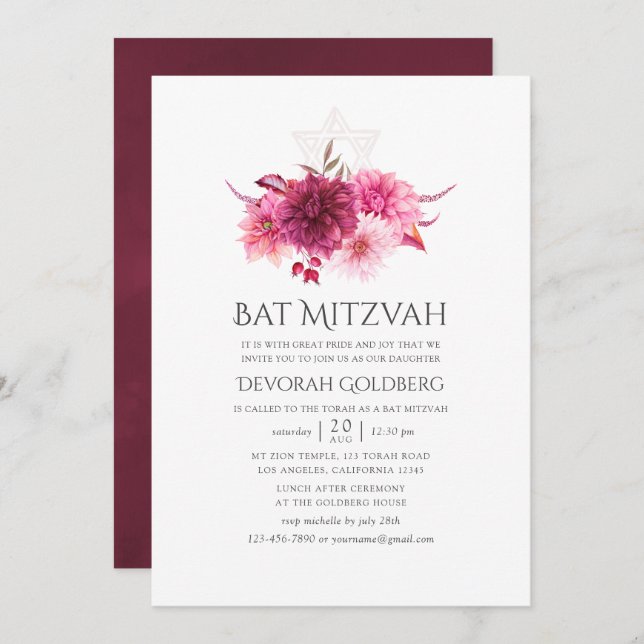 Burgundy & Pink Watercolor Floral Fall Bat Mitzvah Invitation (Front/Back)