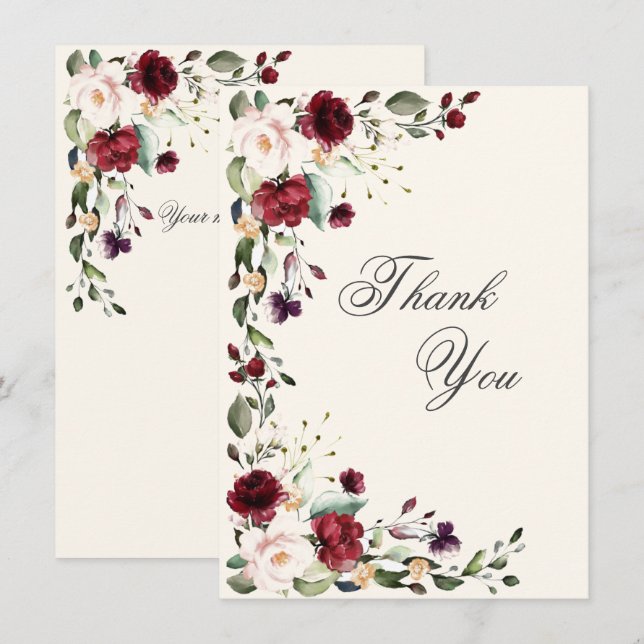 Burgundy Pink Watercolor Floral  Thank You Card (Front/Back)