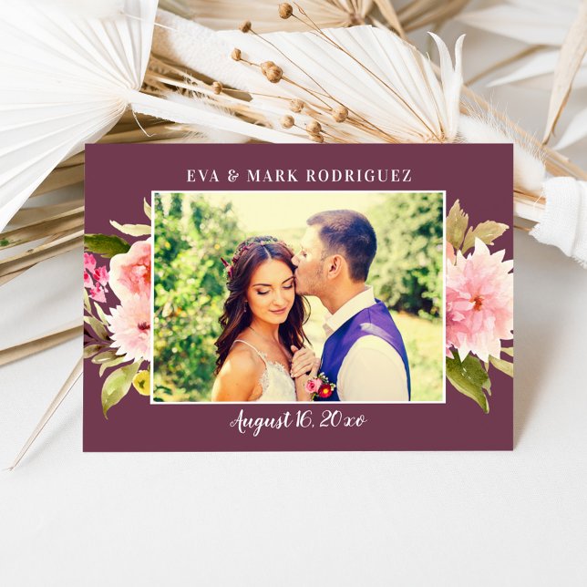 Burgundy Pink Watercolor Flowers Wedding Photo Thank You Card (Creator Uploaded)