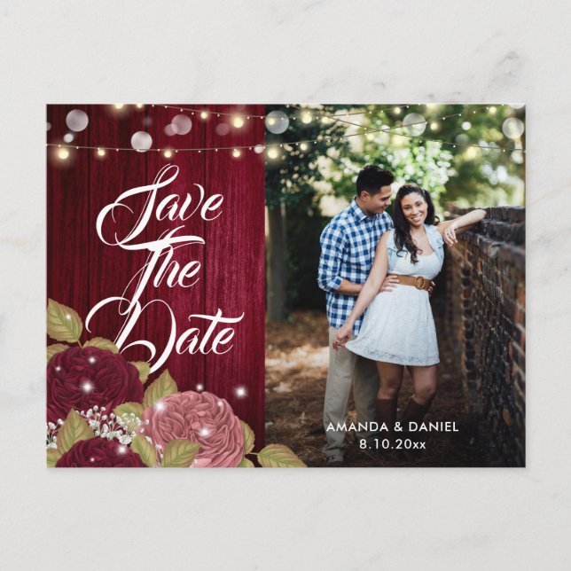 Burgundy Pink Wedding Photo Save The Date Postcard (Front)