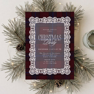 Burgundy Plaid and Lace Modern Christmas Party Invitation