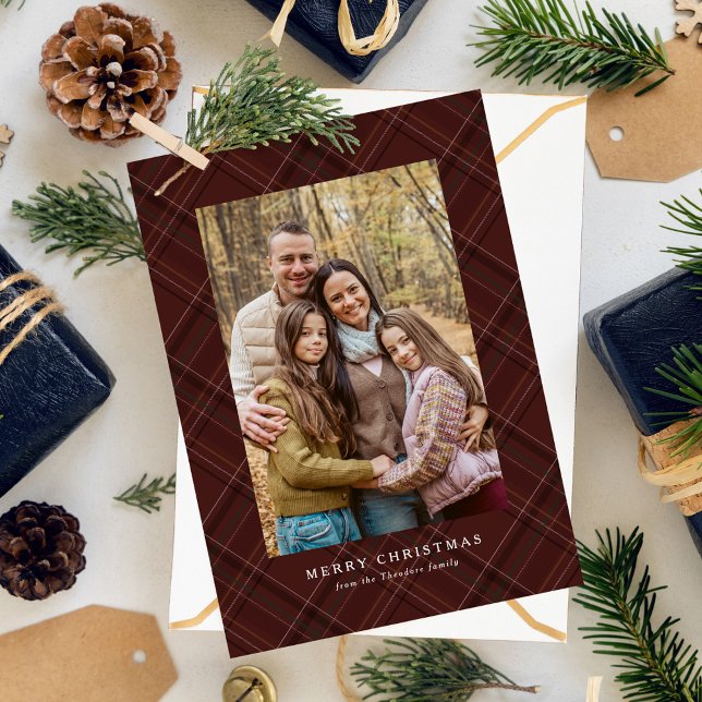 Burgundy plaid classic traditional Christmas photo Holiday Card (Creator Uploaded)