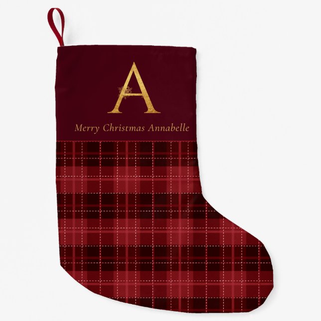  Burgundy Plaid Gold Monogram Letter A Small Christmas Stocking (Front)
