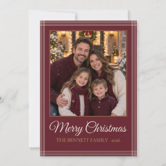 Burgundy Plaid Merry Christmas Family Photo Holiday Card