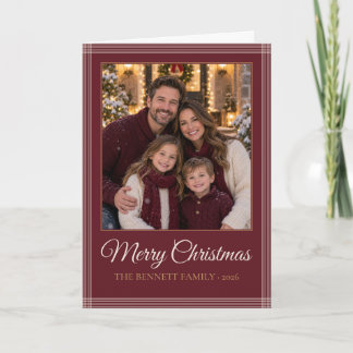Burgundy Plaid Merry Christmas Folded Photo Holiday Card