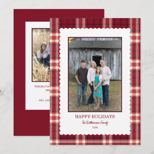 Burgundy Plaid Scallop Frame Photo Christmas Holiday Card
