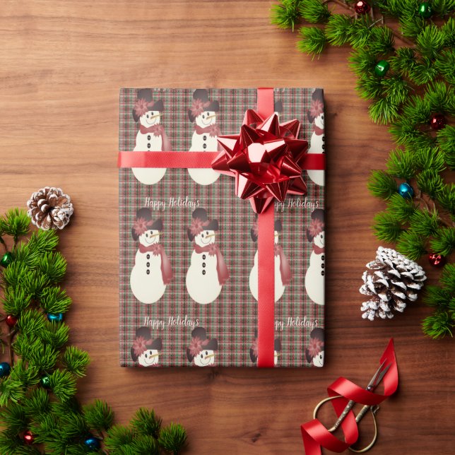 Burgundy Plaid With Snowman Wrapping Paper (Holiday Gift)