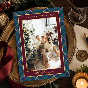 Burgundy Plaid Wreath Monogram Photo Christmas Holiday Card