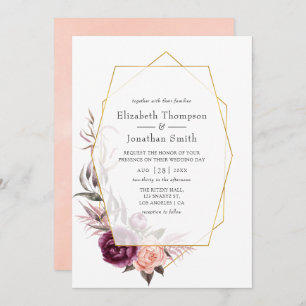 Burgundy Plum and Blush Floral Geometric Wedding Invitation