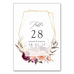 Burgundy Plum and Blush Floral Geometric Wedding Table Number