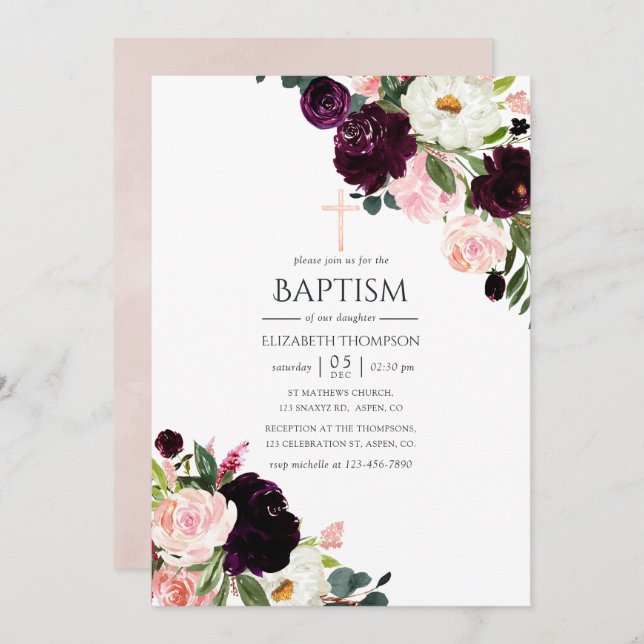 Burgundy Plum and Blush Pink Floral Baptism Invitation (Front/Back)