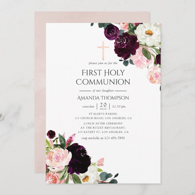 Burgundy Plum and Blush Pink Floral Holy Communion Invitation (Front/Back)