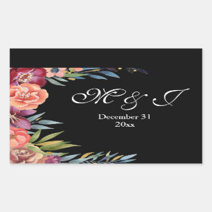 Burgundy & Plum Black Elegant Tropical Monogram Rectangular Sticker