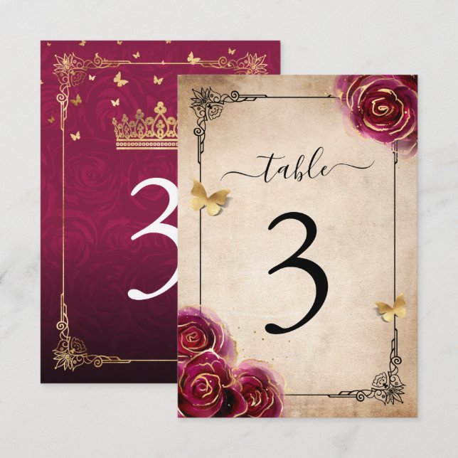 Burgundy Plum Gold Rose Wedding Table Number Cards (Front/Back)