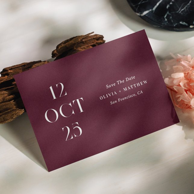 Burgundy plum modern minimalist photo wedding save the date (Creator Uploaded)