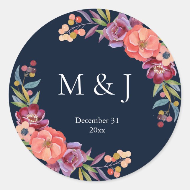 Burgundy & Plum Navy Elegant Tropical Monogram V2 Classic Round Sticker (Front)