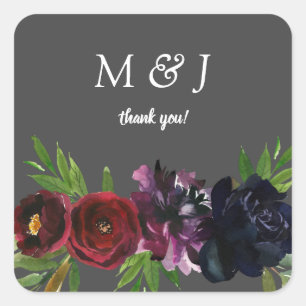 Burgundy Plum Navy Floral Grey Thank You Square Sticker