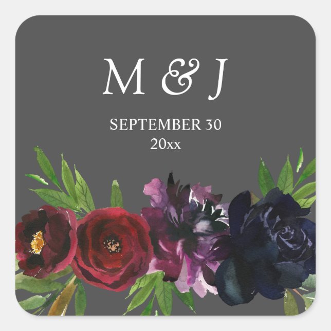 Burgundy Plum Navy Floral Monogram Grey Square Sticker (Front)