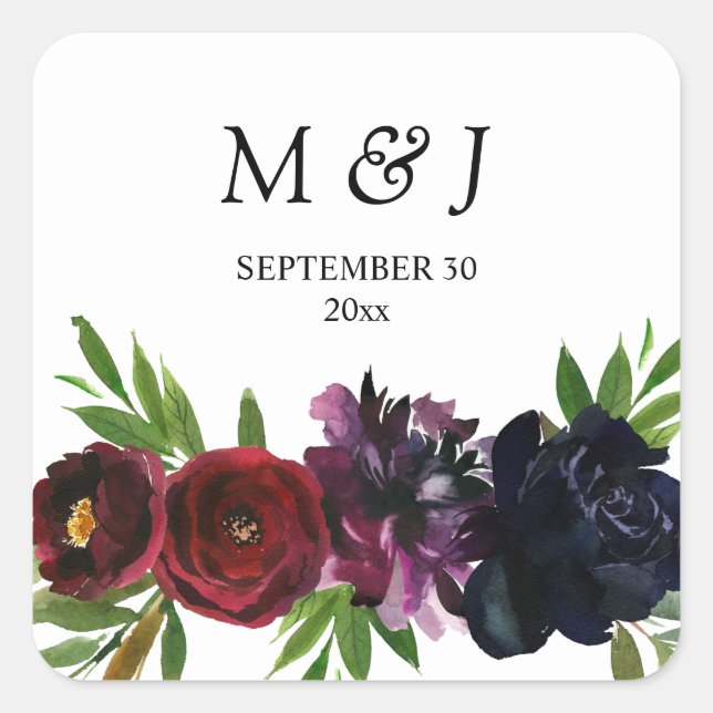 Burgundy Plum Navy Floral Monogram Square Sticker (Front)