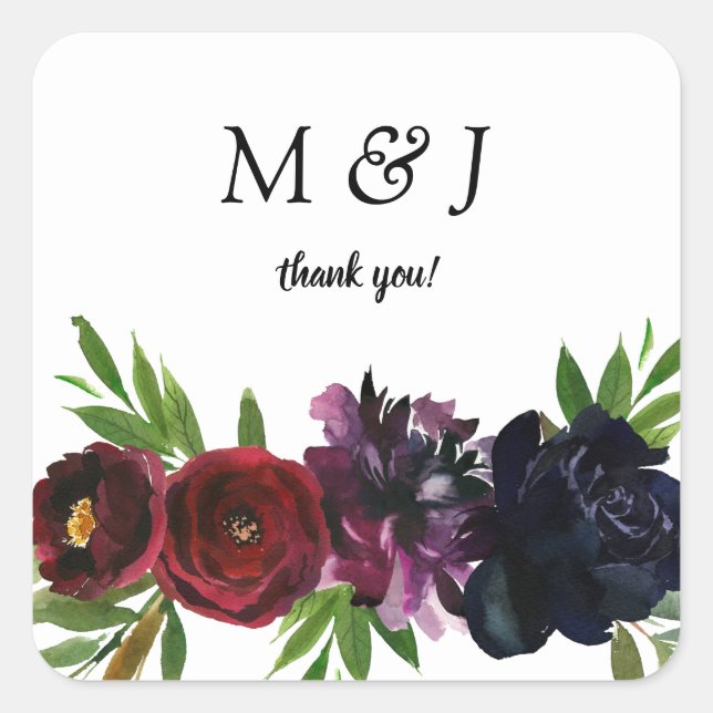 Burgundy Plum Navy Floral Monogram Thank You Square Sticker (Front)