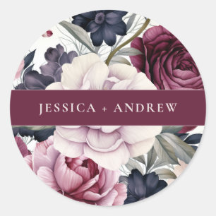 Burgundy Plum Purple Floral Watercolor Wedding Classic Round Sticker