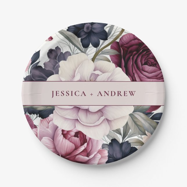 Burgundy Plum Purple Floral Watercolor Wedding Paper Plate (Front)