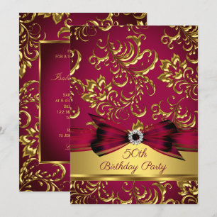 Burgundy Plum Red Gold Damask 50th birthday party Invitation