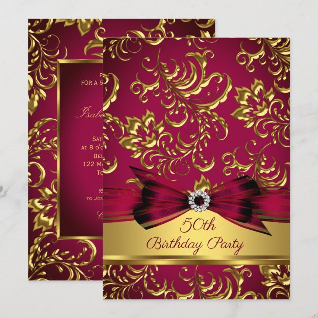 Burgundy Plum Red Gold Damask 50th birthday party Invitation (Front/Back)
