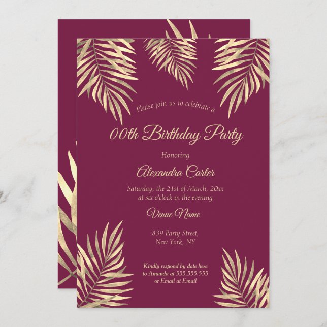 Burgundy Plum Sepia Gold Palms Birthday Party Invitation (Front/Back)