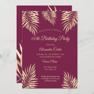 Burgundy Plum Sepia Gold Palms Birthday Party Invitation
