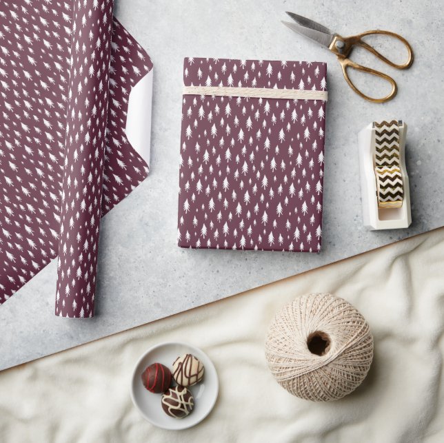 Burgundy Plum Tiny Trees Holiday Pattern Wrapping Paper (Crafts)