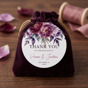 Burgundy Plum Watercolor Floral Wedding Thank You Classic Round Sticker