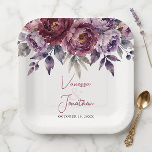 Burgundy Plum Watercolor Peony Fall Wedding Paper Plate