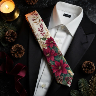 Burgundy Poinsettia Botanical Christmas Wedding Tie