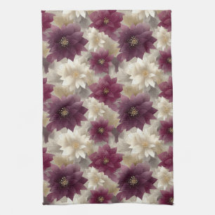 Burgundy Poinsettia Christmas Pattern (1) Tea Towel