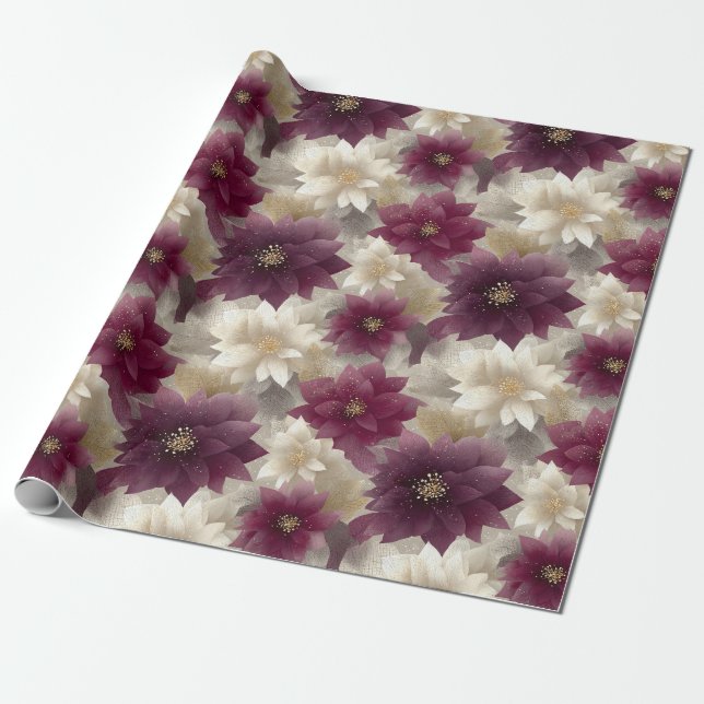 Burgundy Poinsettia Christmas Pattern (1) Wrapping Paper (Unrolled)