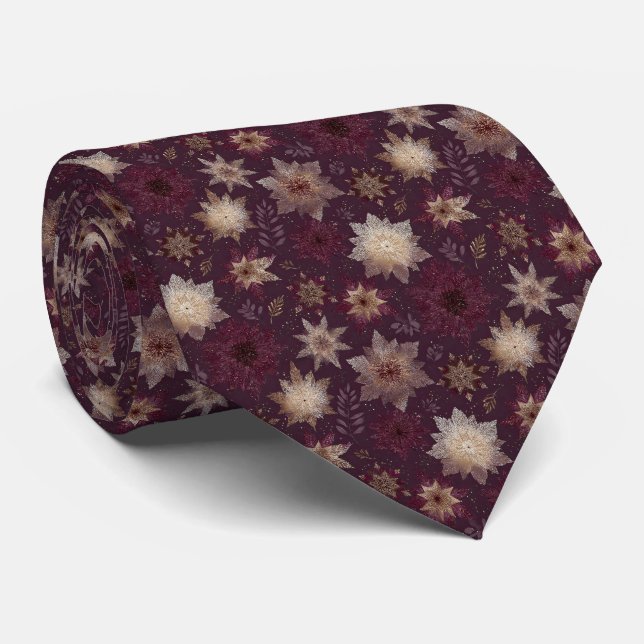 Burgundy Poinsettia Christmas Pattern (2) Tie (Rolled)