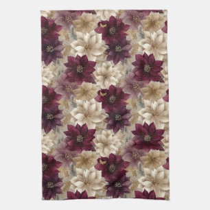 Burgundy Poinsettia Christmas Pattern (5) Tea Towel